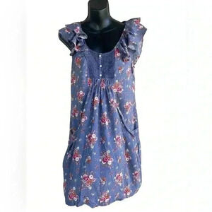 Double Zero women’s blue florar dress ruffle sleeves pearl buttons sz M pockets